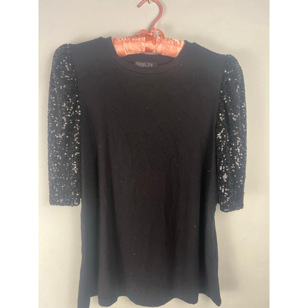 Women's Rachel Zoe Black Sequin Sleeve Top Size M Going Out Glam